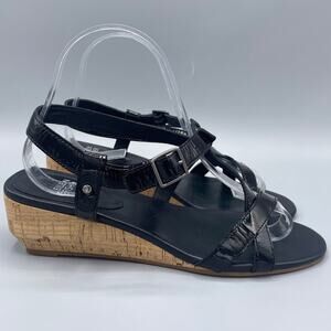 Eileen Fisher Strappy Sandals Size 7.5 Black Patent Leather Cork Low Wedge Heels